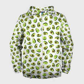 Мужская ветровка 3D с принтом Смешное авокадо на белом фоне в Санкт-Петербурге, 100% полиэстер | подол и капюшон оформлены резинкой с фиксаторами, два кармана без застежек по бокам, один потайной карман на груди | Тематика изображения на принте: авокадо | детский | забавный | летний | пляжный | прикольный авокадо | сочный | фрукты