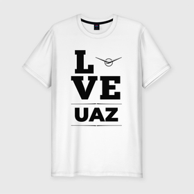 Мужская футболка хлопок Slim с принтом UAZ Love Classic в Новосибирске, 92% хлопок, 8% лайкра | приталенный силуэт, круглый вырез ворота, длина до линии бедра, короткий рукав | Тематика изображения на принте: auto | brand | logo | love | symbol | uaz | авто | бренд | лого | символ | уаз