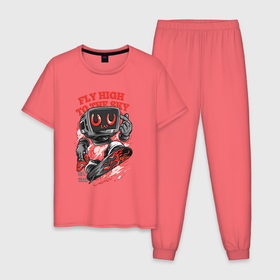 Мужская пижама хлопок с принтом Робот на скейте с пиццей в Кировске, 100% хлопок | брюки и футболка прямого кроя, без карманов, на брюках мягкая резинка на поясе и по низу штанин
 | летит | на скейте | пицца | робот | скейт | спорт