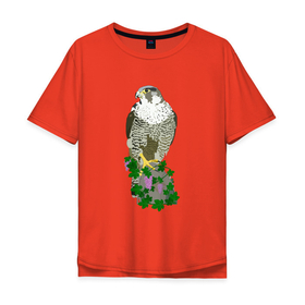 Мужская футболка хлопок Oversize с принтом Сокол на скале увитой виноградом в Белгороде, 100% хлопок | свободный крой, круглый ворот, “спинка” длиннее передней части | виноград | птица | сапсан | скала | сокол