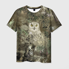 Мужская футболка 3D с принтом Сова на абстрактном коричневом фоне , 100% полиэфир | прямой крой, круглый вырез горловины, длина до линии бедер | camo | olive | owl | камуфляж | коричневый | оливковый | птица | сова