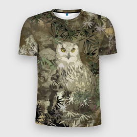 Мужская футболка 3D Slim с принтом Сова на абстрактном коричневом фоне в Новосибирске, 100% полиэстер с улучшенными характеристиками | приталенный силуэт, круглая горловина, широкие плечи, сужается к линии бедра | camo | olive | owl | камуфляж | коричневый | оливковый | птица | сова