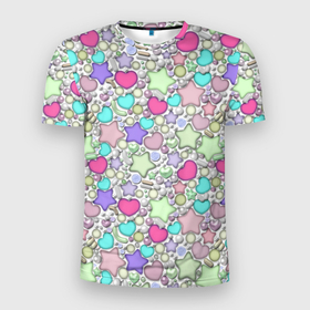 Мужская футболка 3D Slim с принтом 3D узор с бусами и стразами в Новосибирске, 100% полиэстер с улучшенными характеристиками | приталенный силуэт, круглая горловина, широкие плечи, сужается к линии бедра | 3d | beads | rhinestones | бусы | драгоценности | разноцветный | стразы
