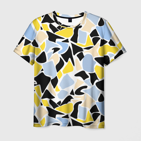 Мужская футболка 3D с принтом Абстрактный узор в желто голубых тонах на черном фоне в Тюмени, 100% полиэфир | прямой крой, круглый вырез горловины, длина до линии бедер | Тематика изображения на принте: abstract | blue and yellow | абстрактные фигуры | абстрактный узор | желтый