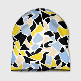 Шапка 3D с принтом Абстрактный узор в желто голубых тонах на черном фоне в Тюмени, 100% полиэстер | универсальный размер, печать по всей поверхности изделия | abstract | blue and yellow | абстрактные фигуры | абстрактный узор | желтый