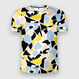 Мужская футболка 3D Slim с принтом Абстрактный узор в желто голубых тонах на черном фоне в Тюмени, 100% полиэстер с улучшенными характеристиками | приталенный силуэт, круглая горловина, широкие плечи, сужается к линии бедра | Тематика изображения на принте: abstract | blue and yellow | абстрактные фигуры | абстрактный узор | желтый