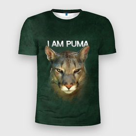Мужская футболка 3D Slim с принтом I am puma Messi в Курске, 100% полиэстер с улучшенными характеристиками | приталенный силуэт, круглая горловина, широкие плечи, сужается к линии бедра | Тематика изображения на принте: зверь | кошка | месси | надпись | пума
