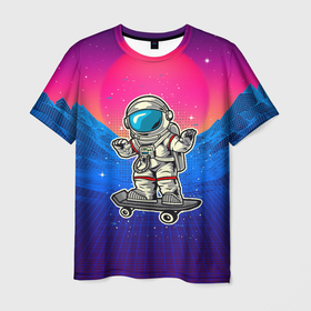 Мужская футболка 3D с принтом космонавт  на  скейте в Курске, 100% полиэфир | прямой крой, круглый вырез горловины, длина до линии бедер | астронавт | космонавт | космос | скейт | скейтер