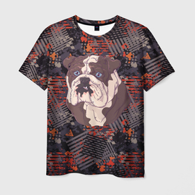 Мужская футболка 3D с принтом Морда  бульдога  DOG в Петрозаводске, 100% полиэфир | прямой крой, круглый вырез горловины, длина до линии бедер | довольный | довольный пес | пес | с высунутым языком | собака | собачка
