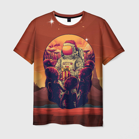 Мужская футболка 3D с принтом Космонавт дарит  подарки инопланетянам в Кировске, 100% полиэфир | прямой крой, круглый вырез горловины, длина до линии бедер | nasa | космонавт | космос | наса | нло | подарки