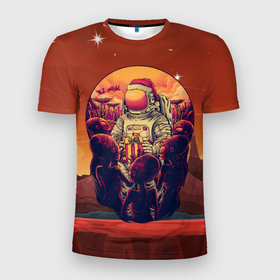 Мужская футболка 3D Slim с принтом Космонавт дарит  подарки инопланетянам в Новосибирске, 100% полиэстер с улучшенными характеристиками | приталенный силуэт, круглая горловина, широкие плечи, сужается к линии бедра | nasa | космонавт | космос | наса | нло | подарки