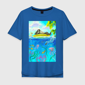 Мужская футболка хлопок Oversize с принтом Енот и утки на летнем отдыхе в Петрозаводске, 100% хлопок | свободный крой, круглый ворот, “спинка” длиннее передней части | водой | водоросли | енот | кораллы | круг | лето | медуза | море | океан | пальмы | плавательный | под | птица | рыбка | утка