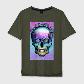 Мужская футболка хлопок Oversize с принтом Старый череп поросший грибами , 100% хлопок | свободный крой, круглый ворот, “спинка” длиннее передней части | Тематика изображения на принте: art | color | illustration | magic | mushroom | skull | грибы | синий | череп