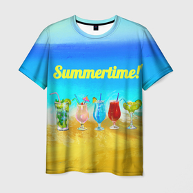 Мужская футболка 3D с принтом Коктейли на фоне пляжа , 100% полиэфир | прямой крой, круглый вырез горловины, длина до линии бедер | beach | ocean | sand | sea | summer | summertime | бокал | волна | день | коктейль | лето | море | небо | океан | песок | пляж | солнечный
