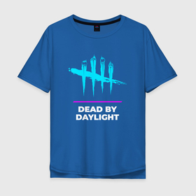 Мужская футболка хлопок Oversize с принтом Символ Dead by Daylight в неоновых цветах в Новосибирске, 100% хлопок | свободный крой, круглый ворот, “спинка” длиннее передней части | Тематика изображения на принте: daylight | dead | dead by daylight | logo | neon | дед | дэйлайт | игра | игры | лого | логотип | неон | символ
