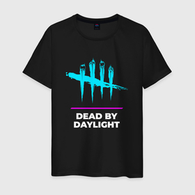Мужская футболка хлопок с принтом Символ Dead by Daylight в неоновых цветах , 100% хлопок | прямой крой, круглый вырез горловины, длина до линии бедер, слегка спущенное плечо. | daylight | dead | dead by daylight | logo | neon | дед | дэйлайт | игра | игры | лого | логотип | неон | символ