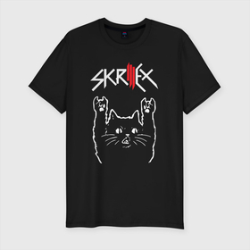 Мужская футболка хлопок Slim с принтом Skrillex Рок кот в Санкт-Петербурге, 92% хлопок, 8% лайкра | приталенный силуэт, круглый вырез ворота, длина до линии бедра, короткий рукав | rock | skrillex | музыка | рок | рок кот | роккот | скриллекс