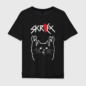 Мужская футболка хлопок Oversize с принтом Skrillex Рок кот в Санкт-Петербурге, 100% хлопок | свободный крой, круглый ворот, “спинка” длиннее передней части | rock | skrillex | музыка | рок | рок кот | роккот | скриллекс