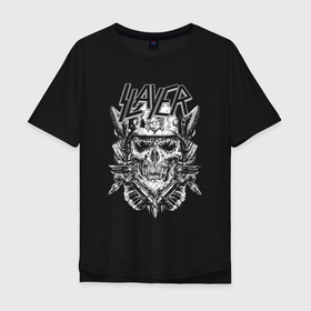 Мужская футболка хлопок Oversize с принтом Slayer, Череп в Новосибирске, 100% хлопок | свободный крой, круглый ворот, “спинка” длиннее передней части | Тематика изображения на принте: music | rock | slayer | музыка | рок | слеер | слэер | слэйер | череп