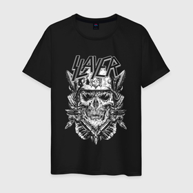 Мужская футболка хлопок с принтом Slayer, Череп в Екатеринбурге, 100% хлопок | прямой крой, круглый вырез горловины, длина до линии бедер, слегка спущенное плечо. | Тематика изображения на принте: music | rock | slayer | музыка | рок | слеер | слэер | слэйер | череп