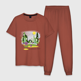 Мужская пижама хлопок с принтом Летний абстрактный пейзаж в Курске, 100% хлопок | брюки и футболка прямого кроя, без карманов, на брюках мягкая резинка на поясе и по низу штанин
 | Тематика изображения на принте: 2022 | абстракция | акварель | арт | геметрический | картина | картинка | крым | лес | лето | маркер | небо | пейзаж | поляна | природа | солнце | узор