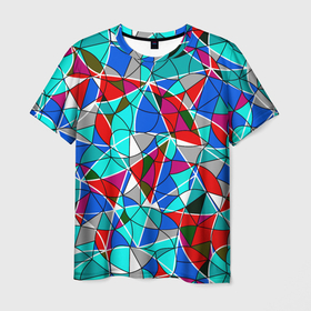 Мужская футболка 3D с принтом Геометрический узор в бирюзово красных тонах , 100% полиэфир | прямой крой, круглый вырез горловины, длина до линии бедер | abstract | red | turquoise | абстрактный | бирюзовый | геометрический | красный | линии