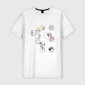 Мужская футболка хлопок Slim с принтом Кусочки лета в Новосибирске, 92% хлопок, 8% лайкра | приталенный силуэт, круглый вырез ворота, длина до линии бедра, короткий рукав | ботаника | ботанический | летний | лето | мозаика | пазл | растения | фламинго | цветочный | цветы