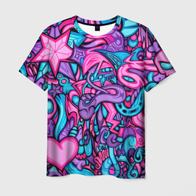 Мужская футболка 3D с принтом яркая абстракция голубой и розовый фон в Екатеринбурге, 100% полиэфир | прямой крой, круглый вырез горловины, длина до линии бедер | abstraction | blue | bright | graffiti | heart | pencil drawing | pink | purple | skull | star | turquoise | абстракция | бирюзовый | граффити | звезда | рисунок карандашом | розовый | сердце | фиолетовый | череп | яркий