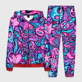 Мужской костюм 3D с принтом яркая абстракция голубой и розовый фон в Курске, 100% полиэстер | Манжеты и пояс оформлены тканевой резинкой, двухслойный капюшон со шнурком для регулировки, карманы спереди | abstraction | blue | bright | graffiti | heart | pencil drawing | pink | purple | skull | star | turquoise | абстракция | бирюзовый | граффити | звезда | рисунок карандашом | розовый | сердце | фиолетовый | череп | яркий