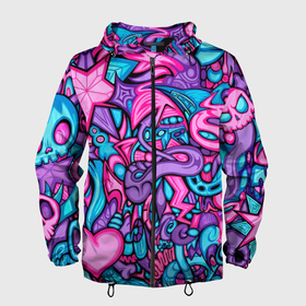 Мужская ветровка 3D с принтом яркая абстракция голубой и розовый фон в Новосибирске, 100% полиэстер | подол и капюшон оформлены резинкой с фиксаторами, два кармана без застежек по бокам, один потайной карман на груди | abstraction | blue | bright | graffiti | heart | pencil drawing | pink | purple | skull | star | turquoise | абстракция | бирюзовый | граффити | звезда | рисунок карандашом | розовый | сердце | фиолетовый | череп | яркий