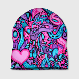 Шапка 3D с принтом яркая абстракция голубой и розовый фон в Екатеринбурге, 100% полиэстер | универсальный размер, печать по всей поверхности изделия | abstraction | blue | bright | graffiti | heart | pencil drawing | pink | purple | skull | star | turquoise | абстракция | бирюзовый | граффити | звезда | рисунок карандашом | розовый | сердце | фиолетовый | череп | яркий