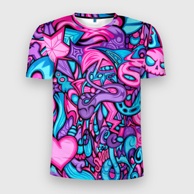 Мужская футболка 3D Slim с принтом яркая абстракция голубой и розовый фон в Екатеринбурге, 100% полиэстер с улучшенными характеристиками | приталенный силуэт, круглая горловина, широкие плечи, сужается к линии бедра | abstraction | blue | bright | graffiti | heart | pencil drawing | pink | purple | skull | star | turquoise | абстракция | бирюзовый | граффити | звезда | рисунок карандашом | розовый | сердце | фиолетовый | череп | яркий