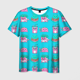 Мужская футболка 3D с принтом CAT HOT DOGS FAST FOOD BURGER FRENCH FRIES COCKTAIL в Петрозаводске, 100% полиэфир | прямой крой, круглый вырез горловины, длина до линии бедер | гамбургер | еда | кот | кошка | фаст фуд | хот дог | чизбургер