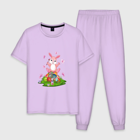 Мужская пижама хлопок с принтом BUNNY PAINTS EGGS в Новосибирске, 100% хлопок | брюки и футболка прямого кроя, без карманов, на брюках мягкая резинка на поясе и по низу штанин
 | великий | заяц | кисточка | краски | кролик | праздник | цветные | яйца