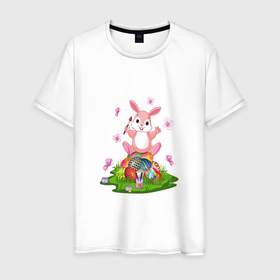 Мужская футболка хлопок с принтом BUNNY PAINTS EGGS в Петрозаводске, 100% хлопок | прямой крой, круглый вырез горловины, длина до линии бедер, слегка спущенное плечо. | Тематика изображения на принте: великий | заяц | кисточка | краски | кролик | праздник | цветные | яйца