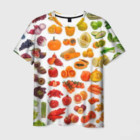 Мужская футболка 3D с принтом VEGETABLE FRUIT ABUNDANCE в Курске, 100% полиэфир | прямой крой, круглый вырез горловины, длина до линии бедер | Тематика изображения на принте: арбуз | банан | виноград | гранат | груша | дыня | капуста | клубника | кукуруза | лимон | лук | морковь | овощи | огурец | перец | помидор | фрукты | яблоки