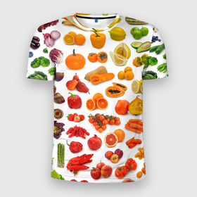 Мужская футболка 3D Slim с принтом VEGETABLE FRUIT ABUNDANCE в Санкт-Петербурге, 100% полиэстер с улучшенными характеристиками | приталенный силуэт, круглая горловина, широкие плечи, сужается к линии бедра | арбуз | банан | виноград | гранат | груша | дыня | капуста | клубника | кукуруза | лимон | лук | морковь | овощи | огурец | перец | помидор | фрукты | яблоки