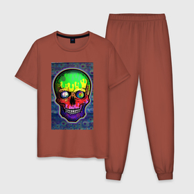 Мужская пижама хлопок с принтом indie в Петрозаводске, 100% хлопок | брюки и футболка прямого кроя, без карманов, на брюках мягкая резинка на поясе и по низу штанин
 | Тематика изображения на принте: color | hippie | indie | peace | skull | веселый | радуга | хиппи | череп