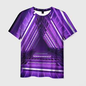 Мужская футболка 3D с принтом Неоновые лестницы   Фиолетовый в Екатеринбурге, 100% полиэфир | прямой крой, круглый вырез горловины, длина до линии бедер | абстракция | брату | девочке | девушке | детям | другу | женщине | здание | лестинца | мальчику | мужчине | неон | парню | подруге | разноцветный | ребёнку | сестре | сюрреализм | цвета