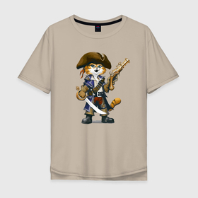 Мужская футболка хлопок Oversize с принтом Тигрёнок   смелый пират , 100% хлопок | свободный крой, круглый ворот, “спинка” длиннее передней части | boots | cocked hat | eyes | fang | gloves | muzzle | pirate | pistol | raincoat | saber | tail | tiger cub | глаза | клык | перчатки | пират | пистолет | плащ | сапоги | тигрёнок | треуголка | хвост