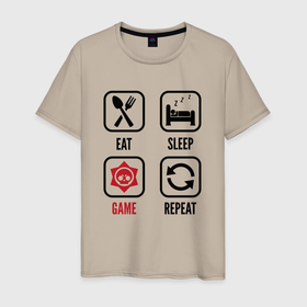 Мужская футболка хлопок с принтом Eat   Sleep   Brawl Stars   Repeat в Белгороде, 100% хлопок | прямой крой, круглый вырез горловины, длина до линии бедер, слегка спущенное плечо. | brawl | brawl stars | eat sleep repeat | logo | stars | бравл | игра | игры | лого | логотип | символ | старс