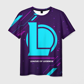Мужская футболка 3D с принтом Символ League of Legends в неоновых цветах на темном фоне в Белгороде, 100% полиэфир | прямой крой, круглый вырез горловины, длина до линии бедер | Тематика изображения на принте: league | league of legends | legends | logo | neon | игра | игры | легенд | лиг оф ледженс | лига | лого | логотип | неон | символ