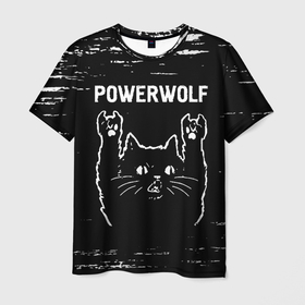Мужская футболка 3D с принтом Группа Powerwolf и Рок Кот в Санкт-Петербурге, 100% полиэфир | прямой крой, круглый вырез горловины, длина до линии бедер | Тематика изображения на принте: band | metal | paint | powerwolf | rock | брызги | группа | кот | краска | павервульф | рок | рок кот