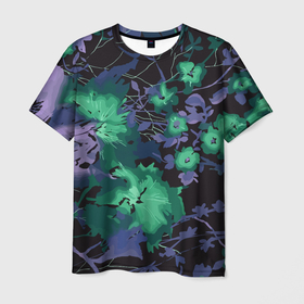 Мужская футболка 3D с принтом Цветочная авангардная композиция в Курске, 100% полиэфир | прямой крой, круглый вырез горловины, длина до линии бедер | composition | fashion | flowers | neon | vanguard | авангард | композиция | мода | неон | цветы