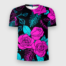 Мужская футболка 3D Slim с принтом Авангардный паттерн из роз   Лето в Тюмени, 100% полиэстер с улучшенными характеристиками | приталенный силуэт, круглая горловина, широкие плечи, сужается к линии бедра | neon | pattern | rose | summer | vanguard | авангард | лето | неон | паттерн | роза