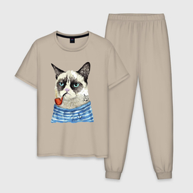 Мужская пижама хлопок с принтом Котяра в тельняшке с трубкой   Grumpy cat   Meme в Белгороде, 100% хлопок | брюки и футболка прямого кроя, без карманов, на брюках мягкая резинка на поясе и по низу штанин
 | anchor | cat | ears | eyes | grumpy cat | meme | muzzle | vest | глаза | котёнок | мем | тельняшка | уши | якорь