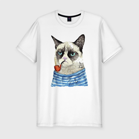 Мужская футболка хлопок Slim с принтом Котяра в тельняшке с трубкой   Grumpy cat   Meme в Санкт-Петербурге, 92% хлопок, 8% лайкра | приталенный силуэт, круглый вырез ворота, длина до линии бедра, короткий рукав | anchor | cat | ears | eyes | grumpy cat | meme | muzzle | vest | глаза | котёнок | мем | тельняшка | уши | якорь