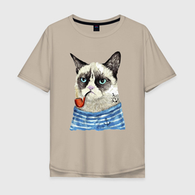 Мужская футболка хлопок Oversize с принтом Котяра в тельняшке с трубкой   Grumpy cat   Meme в Петрозаводске, 100% хлопок | свободный крой, круглый ворот, “спинка” длиннее передней части | anchor | cat | ears | eyes | grumpy cat | meme | muzzle | vest | глаза | котёнок | мем | тельняшка | уши | якорь