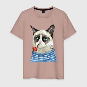 Мужская футболка хлопок с принтом Котяра в тельняшке с трубкой   Grumpy cat   Meme в Екатеринбурге, 100% хлопок | прямой крой, круглый вырез горловины, длина до линии бедер, слегка спущенное плечо. | anchor | cat | ears | eyes | grumpy cat | meme | muzzle | vest | глаза | котёнок | мем | тельняшка | уши | якорь