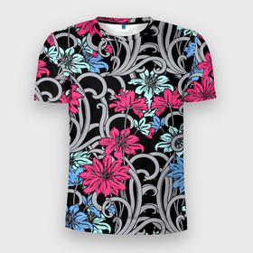 Мужская футболка 3D Slim с принтом Цветочный летний паттерн   Fashion trend в Новосибирске, 100% полиэстер с улучшенными характеристиками | приталенный силуэт, круглая горловина, широкие плечи, сужается к линии бедра | fashion | flowers | pattern | summer | лето | мода | паттерн | цветы